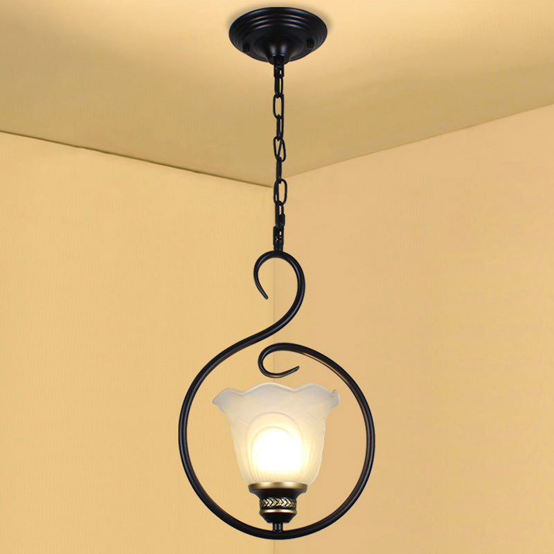 Black Bell Shade Ceiling Light Traditional Opal Glass 1 Head Dining Room Hooded Hanging Pendant Light