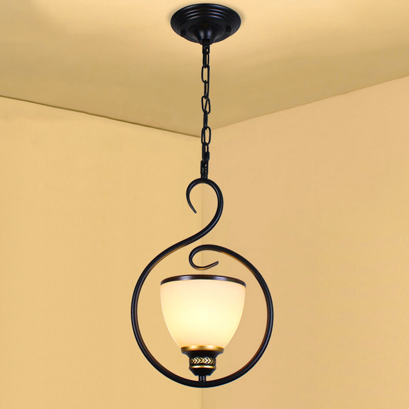 Black Bell Shade Ceiling Light Traditional Opal Glass 1 Head Dining Room Hooded Hanging Pendant Light