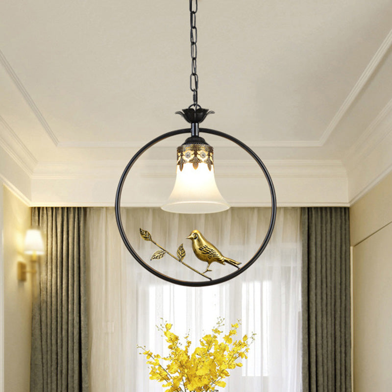 Cottage Bird Suspension Light 1-Light Iron Pendant Light Fixture with Opal Glass Shade