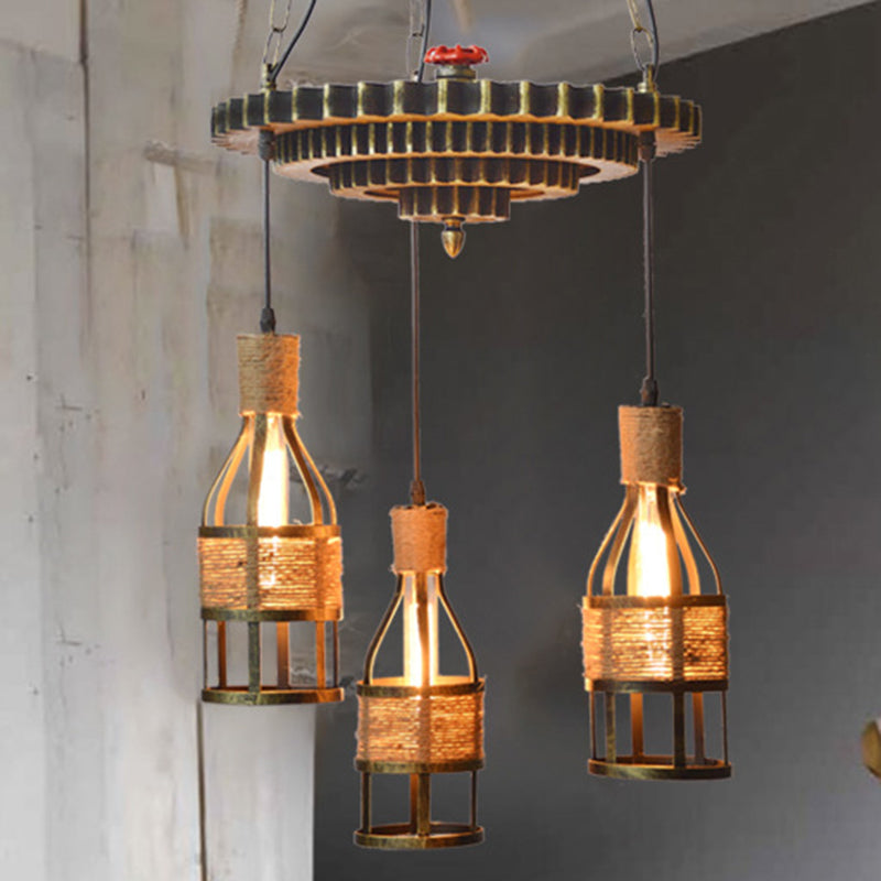 Corde à 3 lumière et lustre suspendu en métal en bronze industriel en bronze salle à manger pendentif luminaire avec équipement