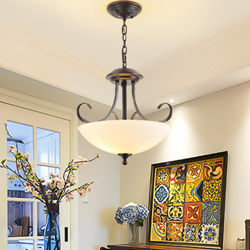 Iron Swirled Arm Ceiling Light Retro 3 Heads Dining Room Chandelier Light with Bowl White Glass Shade in Black