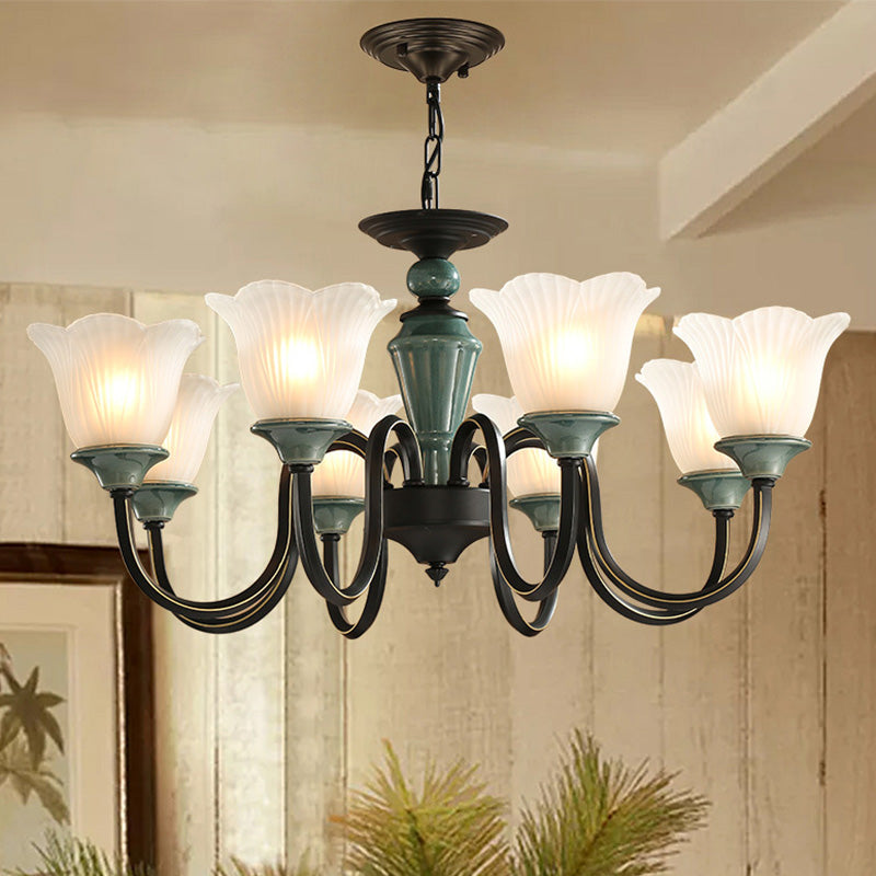 Blackish Green Floral Suspension Light Rustic Frosted Glass Living Room Chandelier Light with Curved Arm