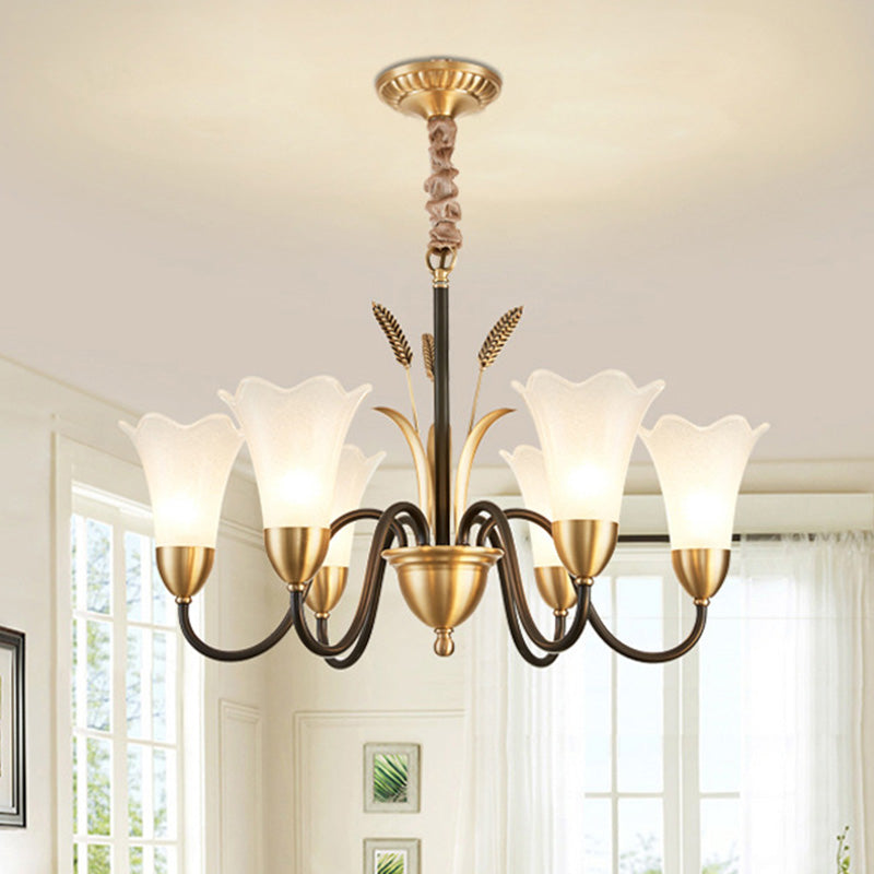 Flower Dining Room Chandelier Lighting Classic Cream Frosted Glass Gold Pendant Light