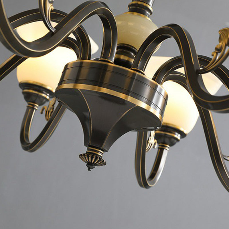 Black Ceiling Lighting Traditional Iron Curved Arm Chandelier Light Fixture with Flared Frosted Glass Shade