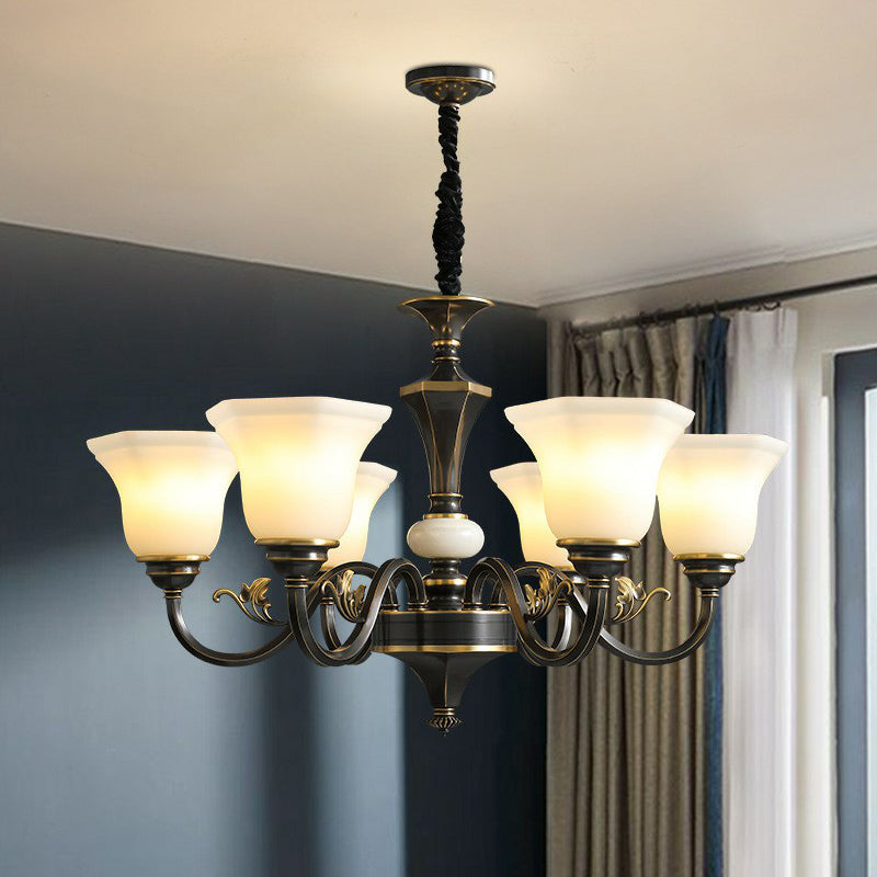 Black Ceiling Lighting Traditional Iron Curved Arm Chandelier Light Fixture with Flared Frosted Glass Shade