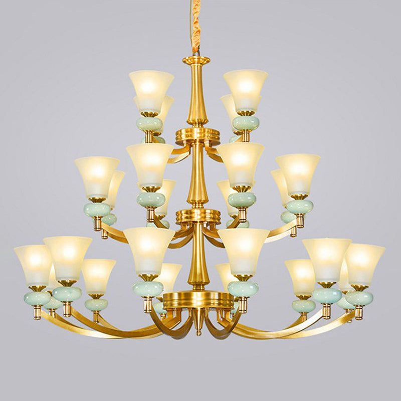 Vintage Flared Shade Chandelier Pendant Light Frosted Glass Hanging Light in Gold for Living Room