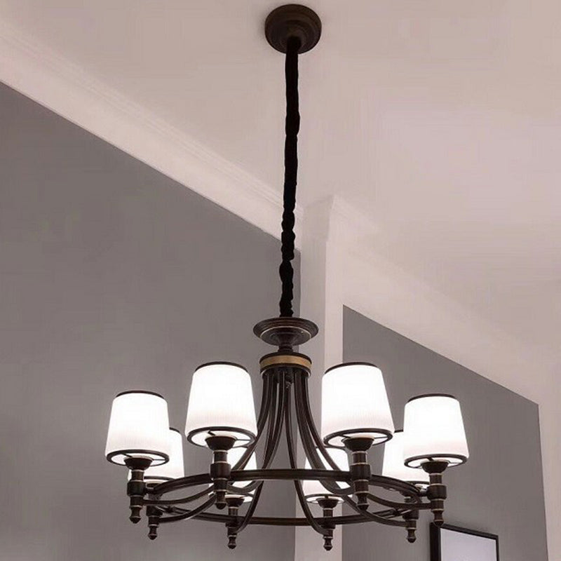 Black Tapered Shade Suspension Light Rustic Ribbed Glass Dining Room Chandelier Light