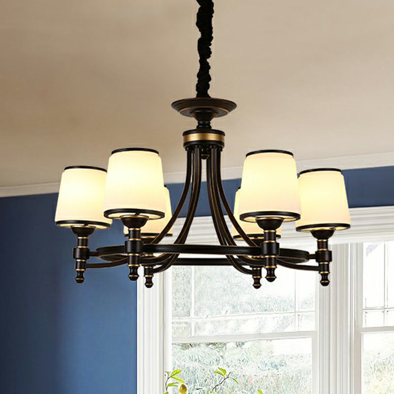 Black Tapered Shade Suspension Light Rustic Ribbed Glass Dining Room Chandelier Light