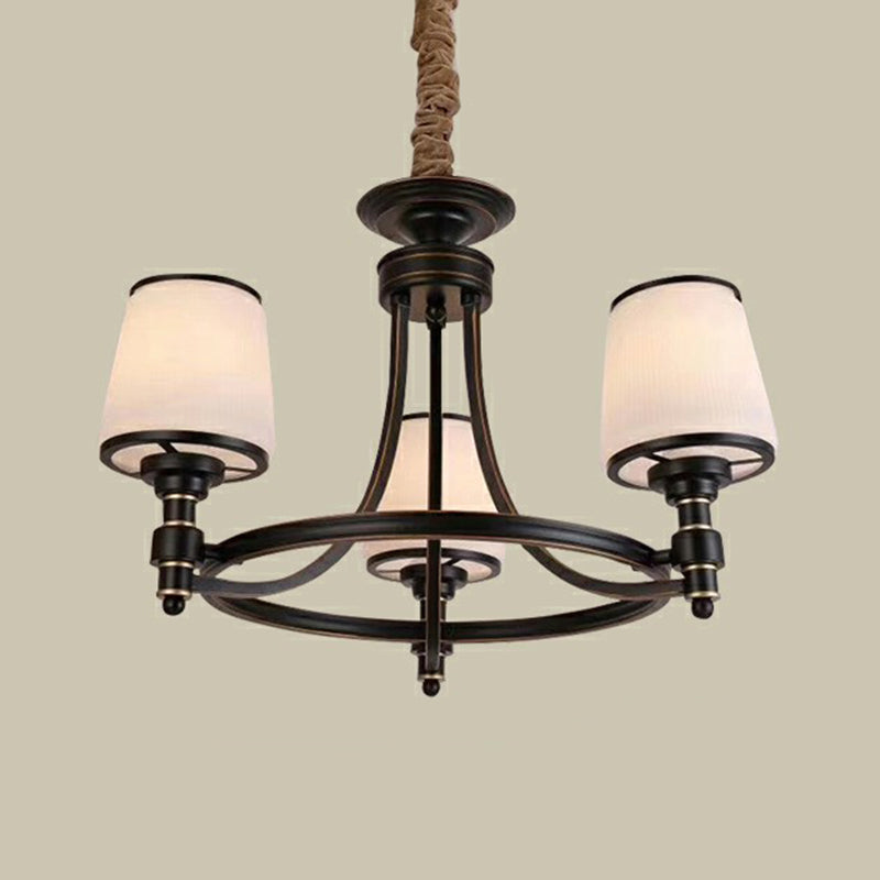 Black Tapered Shade Suspension Light Rustic Ribbed Glass Dining Room Chandelier Light