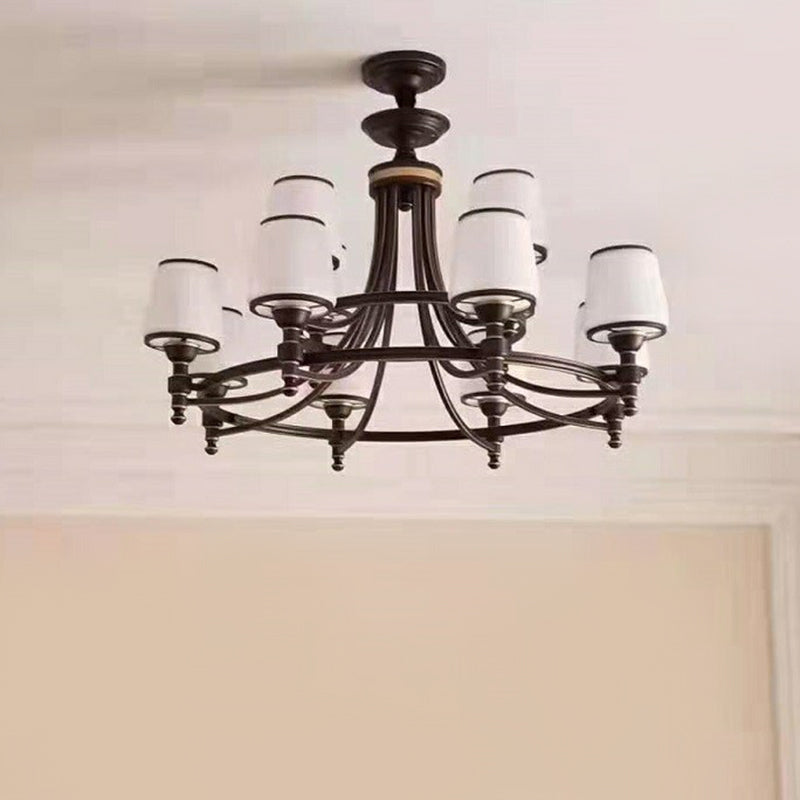Black Tapered Shade Suspension Light Rustic Ribbed Glass Dining Room Chandelier Light