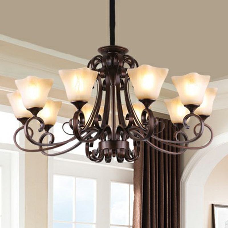 Traditional Bell Ceiling Lighting Opal Glass Chandelier Light Fixture with Scroll Arm in Copper
