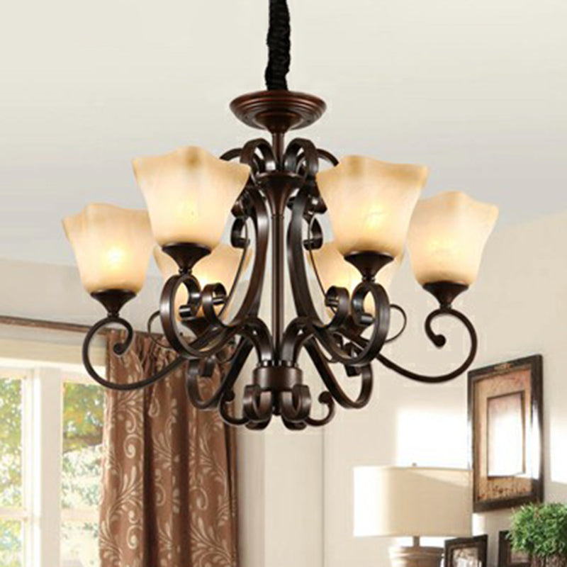 Traditional Bell Ceiling Lighting Opal Glass Chandelier Light Fixture with Scroll Arm in Copper