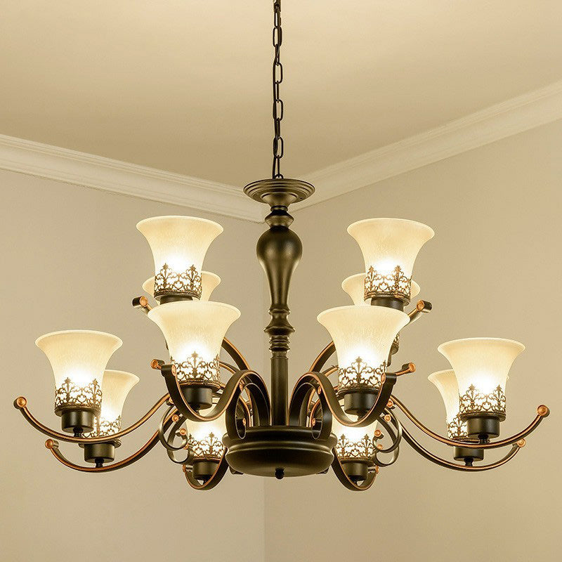 Creme Glass Flare Kronleuchter Licht Retro Wohnzimmer Anhänger Leuchte in Schwarz
