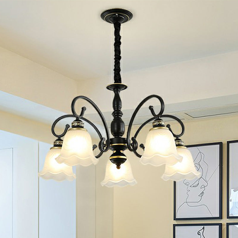 Rustic Bell Shade Suspension Light White Glass Chandelier Light with Ruffle Trim for Dining Room