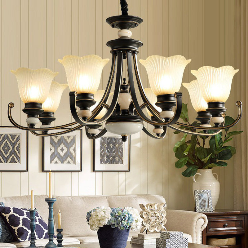 Flower Shaped Frosted Glass Chandelier Lighting Classic Dining Room Pendant Light in Black