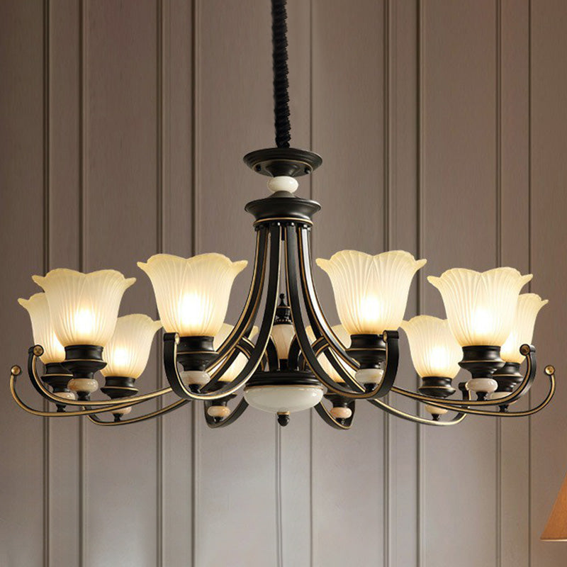 Flower Shaped Frosted Glass Chandelier Lighting Classic Dining Room Pendant Light in Black