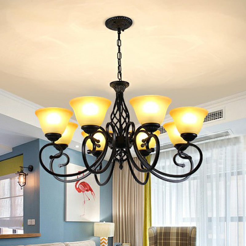 Swirled Arm Metallic Chandelier Pendant Light Vintage Living Room Hanging Light with Bell Frost Glass Shade