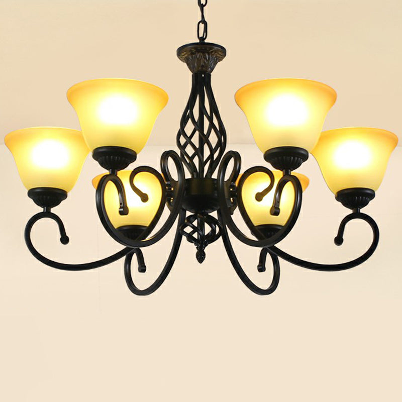 Swirled Arm Metallic Chandelier Pendant Light Vintage Living Room Hanging Light with Bell Frost Glass Shade