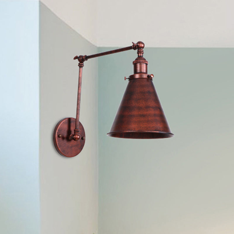 Farmhouse Style Cone Wall Sconce 1 Bulb Iron Wall Lighting Fixture in Black/Rust for Bedroom