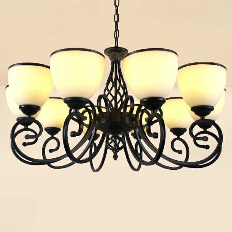 Swirled Arm Metallic Chandelier Pendant Light Vintage Living Room Hanging Light with Bell Frost Glass Shade