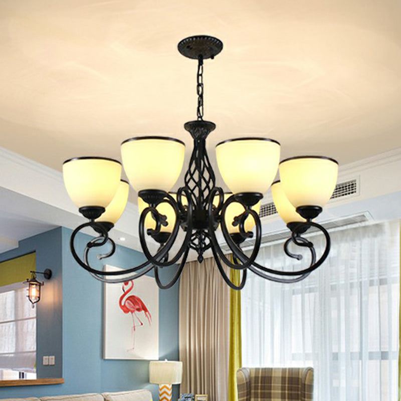 Swirled Arm Metallic Chandelier Pendant Light Vintage Living Room Hanging Light with Bell Frost Glass Shade
