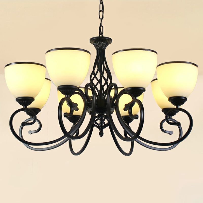 Swirled Arm Metallic Chandelier Pendant Light Vintage Living Room Hanging Light with Bell Frost Glass Shade