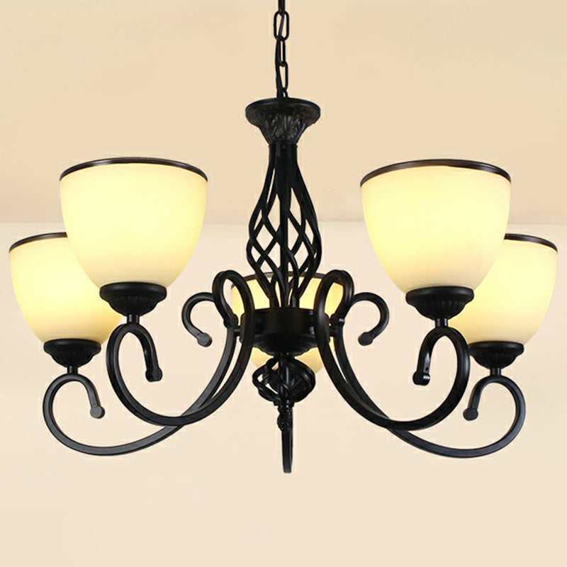 Swirled Arm Metallic Chandelier Pendant Light Vintage Living Room Hanging Light with Bell Frost Glass Shade