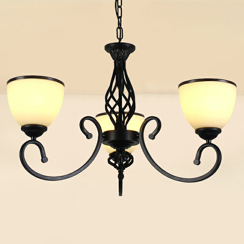 Swirled Arm Metallic Chandelier Pendant Light Vintage Living Room Hanging Light with Bell Frost Glass Shade