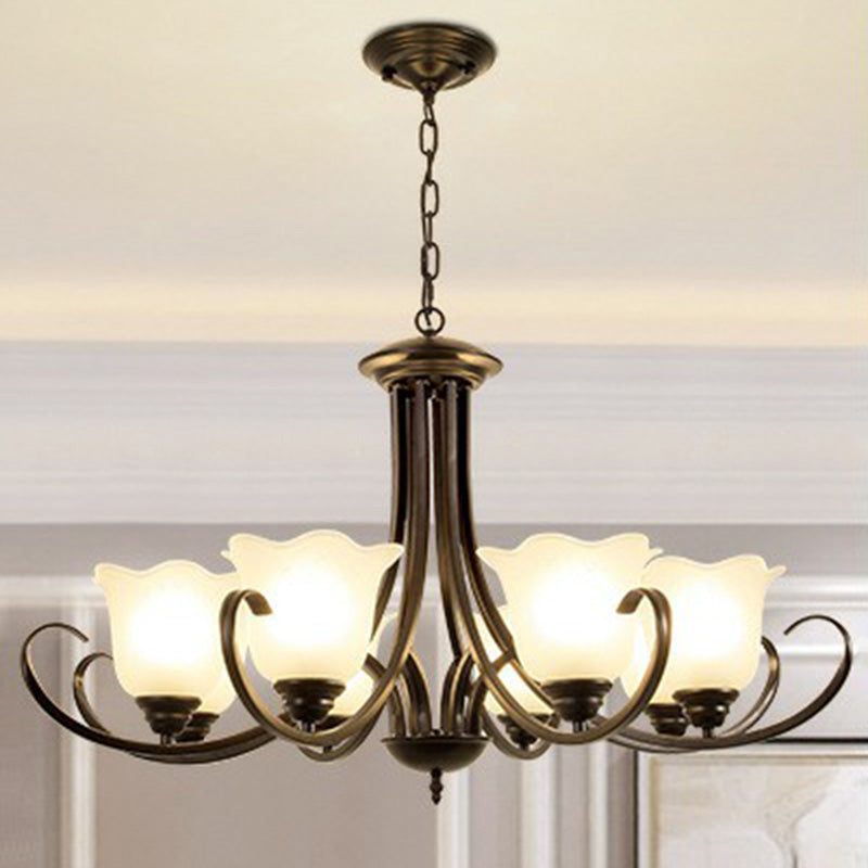 Classic Floral Chandelier Lighting Iron Pendant Light with Ruffled Cream Glass Shade
