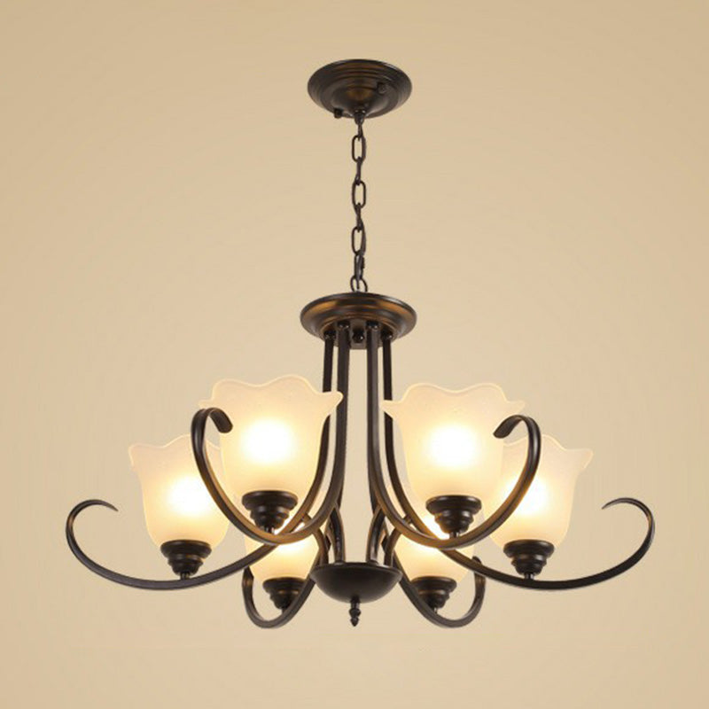 Classic Floral Chandelier Lighting Iron Pendant Light with Ruffled Cream Glass Shade