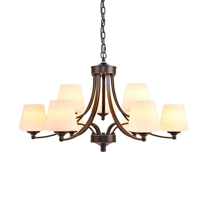 Tapered Shade White Frost Glass Suspension Light Rustic Living Room Chandelier Light