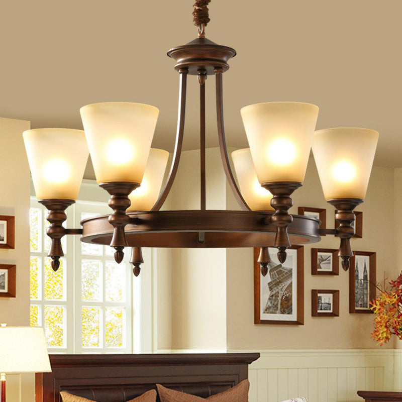 Coffee Chandelier Pendant Light Vintage Frost Glass Conical Shade Hanging Light for Living Room