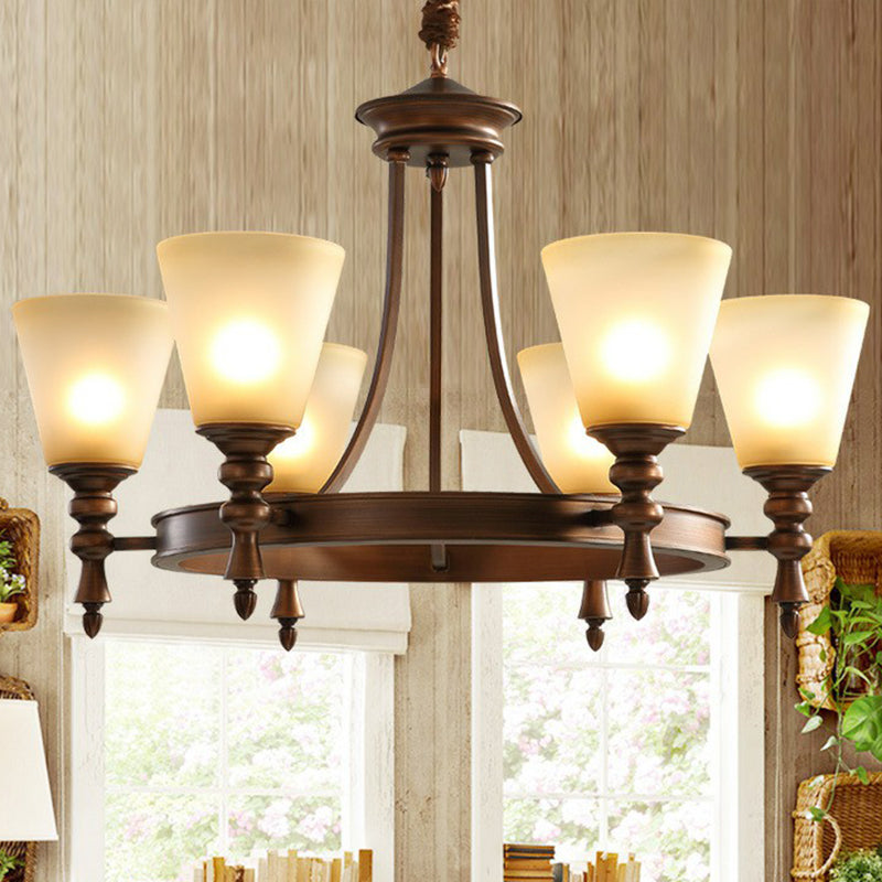 Coffee Chandelier Pendant Light Vintage Frost Glass Conical Shade Hanging Light for Living Room