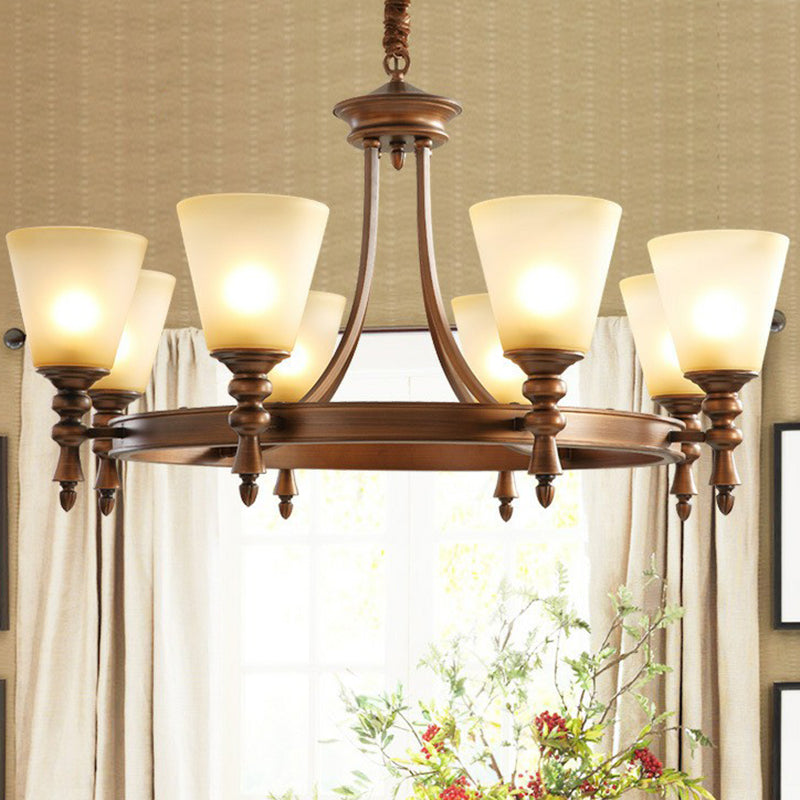 Coffee Chandelier Pendant Light Vintage Frost Glass Conical Shade Hanging Light for Living Room