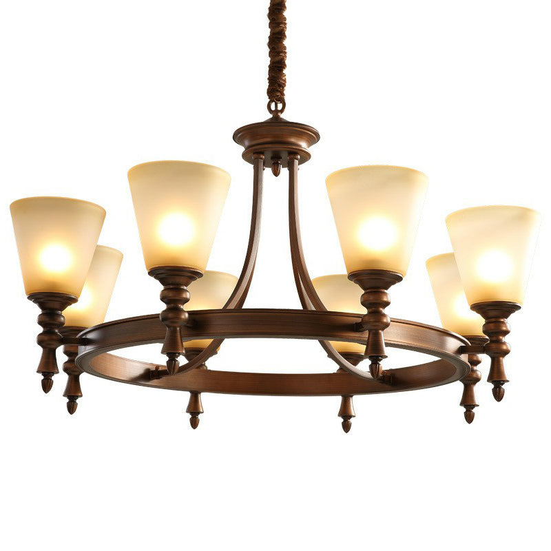 Coffee Chandelier Pendant Light Vintage Frost Glass Conical Shade Hanging Light for Living Room