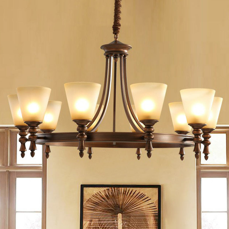 Coffee Chandelier Pendant Light Vintage Frost Glass Conical Shade Hanging Light for Living Room