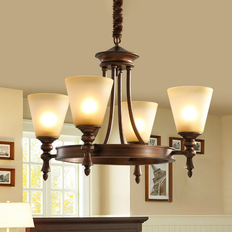 Coffee Chandelier Pendant Light Vintage Frost Glass Conical Shade Hanging Light for Living Room