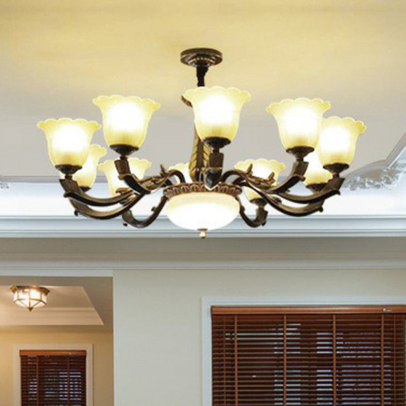 Frost Glass Gold-Black Chandelier Light Floral Retro Pendant Light Fixture for Dining Room