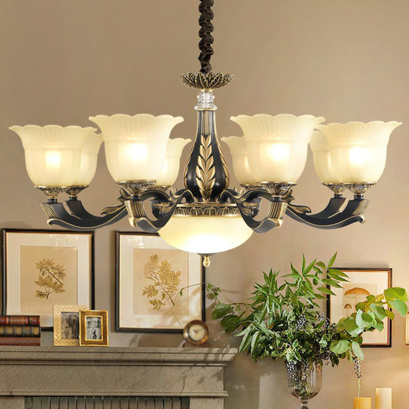 Frost Glass Gold-Black Chandelier Light Floral Retro Pendant Light Fixture for Dining Room