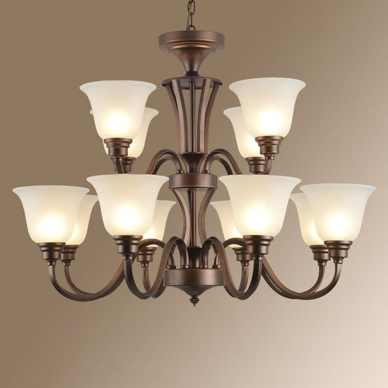 Bell Frost Glass Ceiling Lighting Traditional Living Room Chandelier Light Fixture in Brown