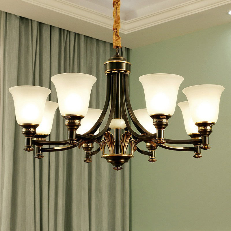 Cream Glass Flared Shade Chandelier Pendant Light Vintage Living Room Hanging Light in Black