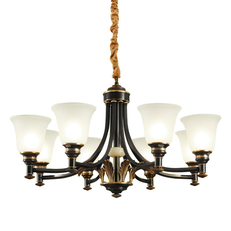 Cream Glass Flared Shade Chandelier Pendant Light Vintage Living Room Hanging Light in Black