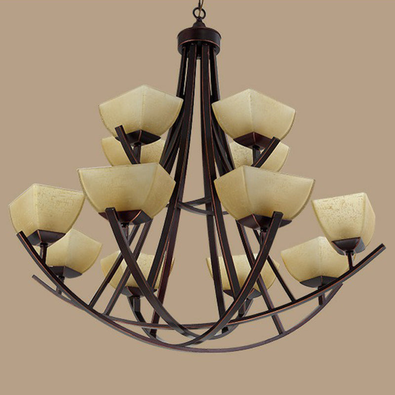 Bowl Shade Frost Glass Suspension Light Rustic salon CHANDELIER LEUR en cuivre