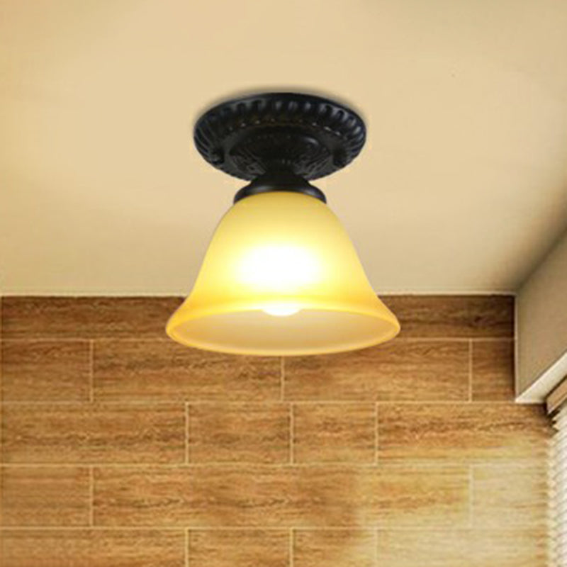 Black Bell Semi Flush Traditional Frost Glass 1-Light Corridor Flush Ceiling Light Fixture