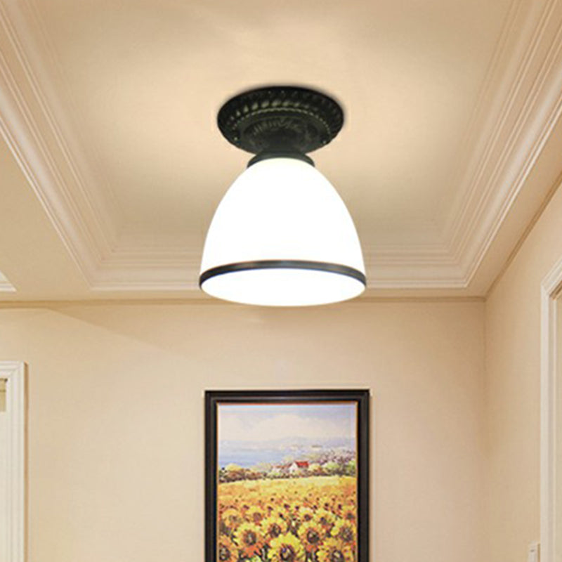 Black Bell Semi Flush Traditional Frost Glass 1-Light Corridor Flush Ceiling Light Fixture