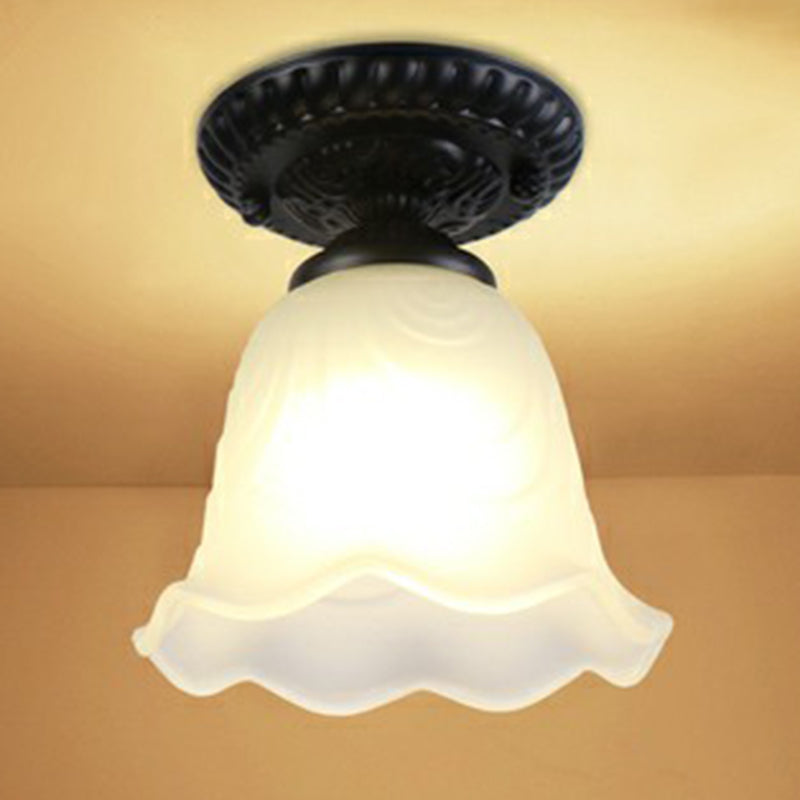 Black Bell Semi Flush Traditional Frost Glass 1-Light Corridor Flush Ceiling Light Fixture