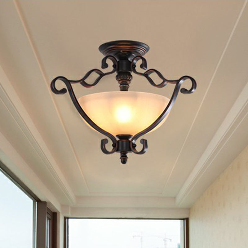 Copper Single Semi Flush Light Rustic Iron Scrolled Ceiling Flush Mount with Bowl Beige Glass Shade