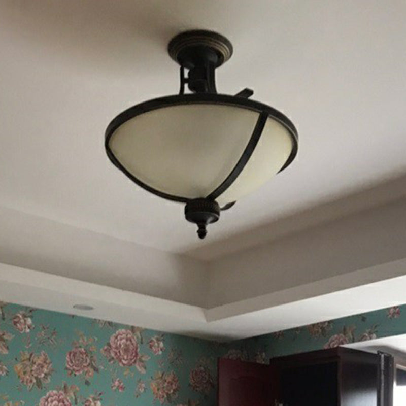 3 Heads Semi Flush Traditional Bowl Frost Glass Flush Ceiling Light Fixture in Brass