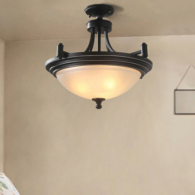 Bowl Shade Frost Glass Semi Flush Mount Vintage 3 Bulbs Entryway Ceiling Mounted Light in Black