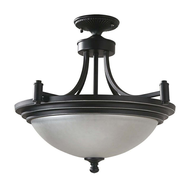 Bowl Shade Frost Glass Semi Flush Mount Vintage 3 Bulbs Entryway Ceiling Mounted Light in Black